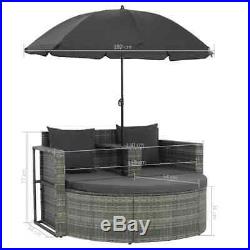 VidaXL Patio Sofa Set with Parasol Poly Rattan Wicker Gray Outdoor Sun Day Bed