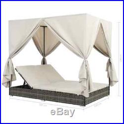 VidaXL Sunlounger with Curtains Poly Rattan Grey Outdoor Lounge Bed Sunbeds