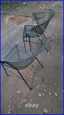 Vintage White Wrought Iron Patio Furniture Set Table & 4 Barrel Back Chairs