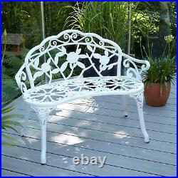White Cast Iron Garden Bench Metal Frame 2 Seater Patio Chair Outdoor Seating