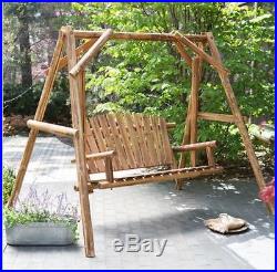 Wood Porch Swing Bench Deck Yard Outdoor Garden Patio Rustic Log Frame Set New
