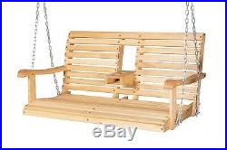 Wooden Porch Swing Outdoor Patio Hanging Bench Garden Seat withFoldable Cup Holder