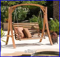Yard Swing Loveseat With Wood Stand For Front Porch Garden Outdoor Patio